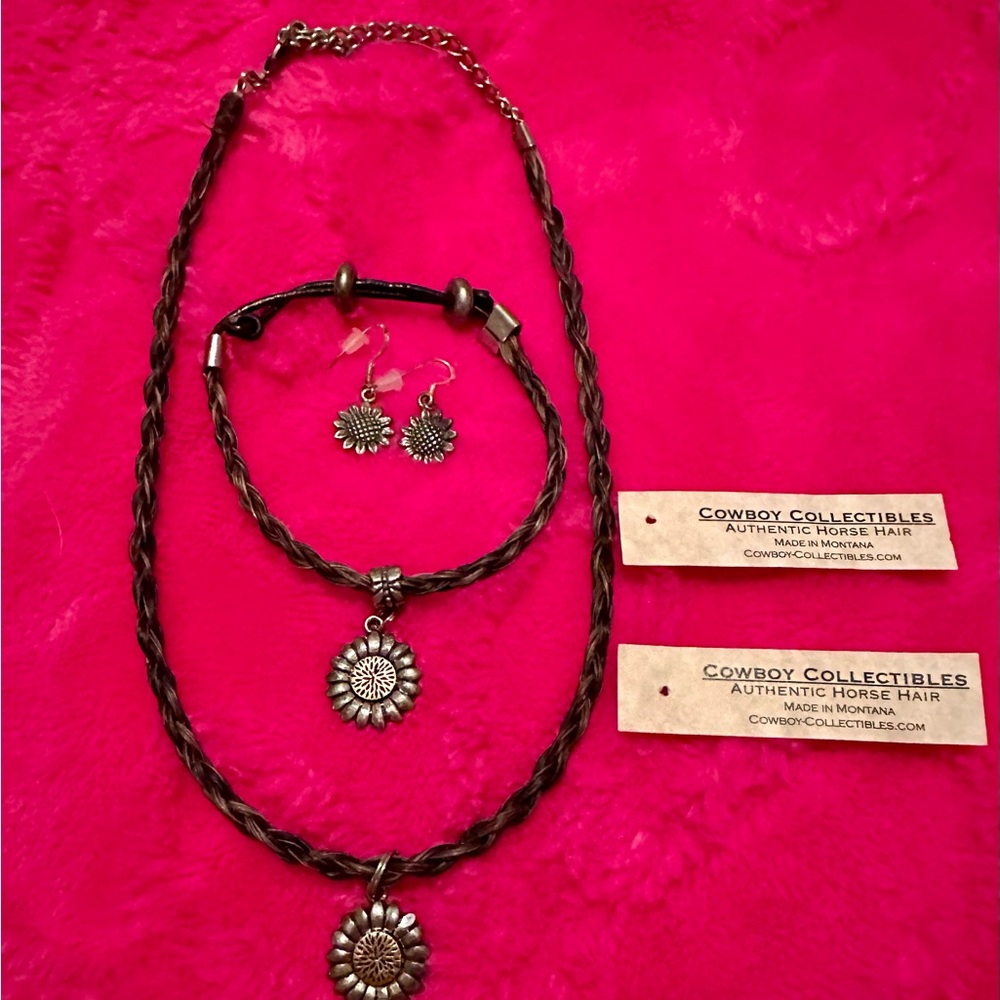 Sunflower Horse Hair Necklace, Bracelet & Earring Set - Brown